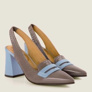 Chie Mihara Patent Leather Slingback Heels EU 36 Made in Spain Taupe & Blue NWT